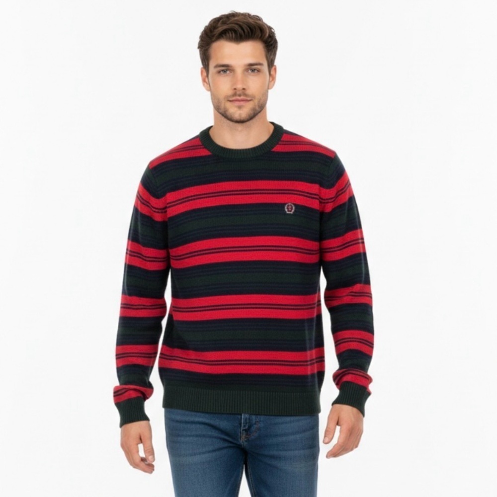 Vintage 90’s Tommy Hilfiger‎ Striped Red navy green Men's L Sweater crew neck